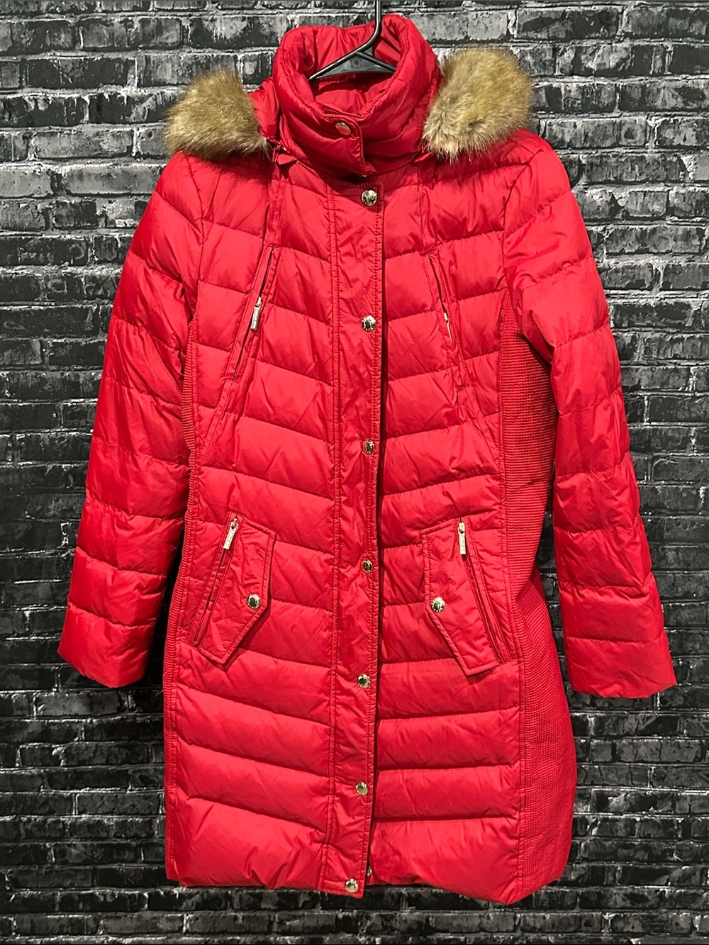 Michael Kors Bright Red Quilted Long Puffer Coat with Faux Fur Trim